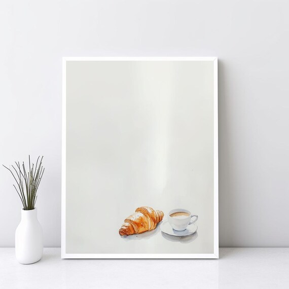 Croissant And Coffee Minimalist Watercolor Kitchen Poster