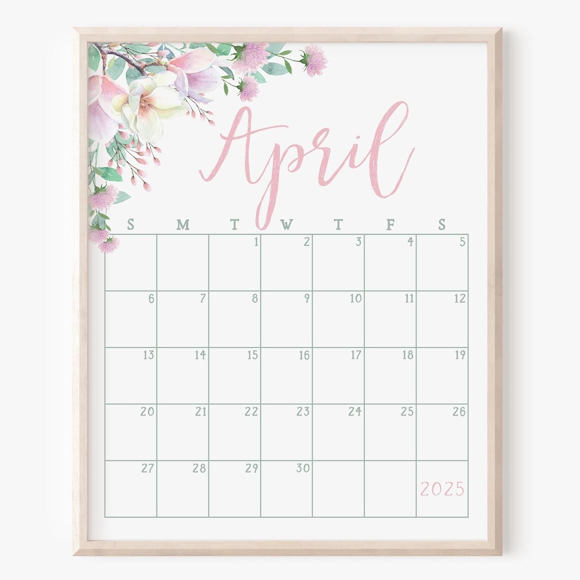 April 2025 Calendar Pink Floral Corner Spring Monthly Planner Wall Art