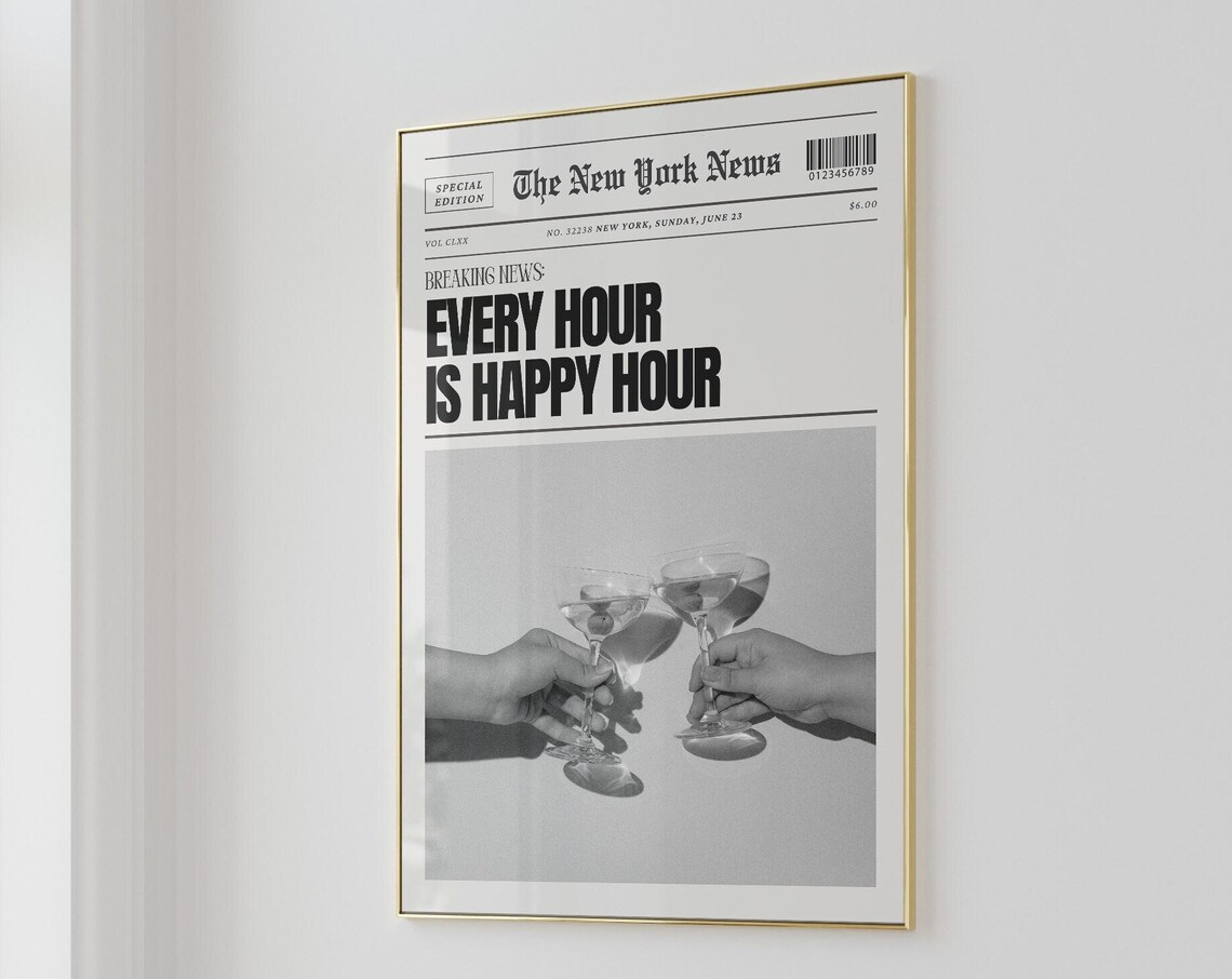 Newspaper Cocktail Poster, Vintage Retro Bar Cart