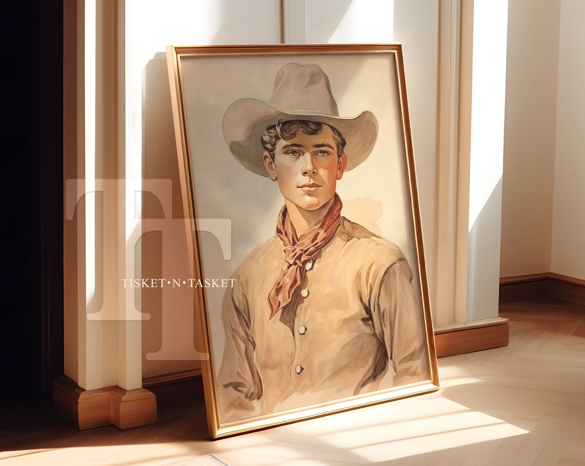 Cowboy Vintage Style Drawing, Western Wall Art Print