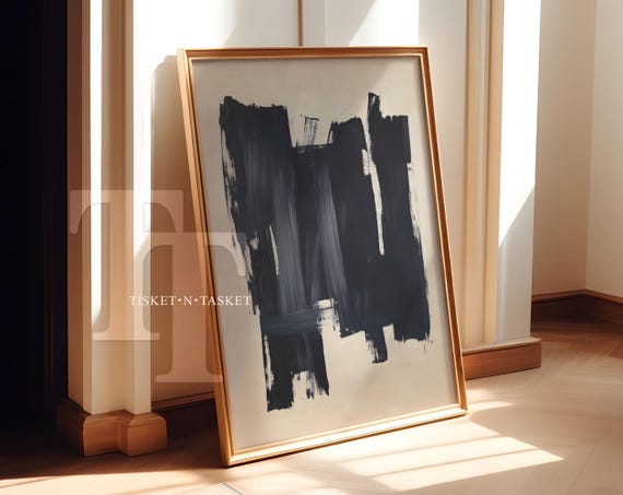 Painted Black Beige Abstract Brushstrokes Vertical Mid Century Modern Bold Minimalism Wall Art