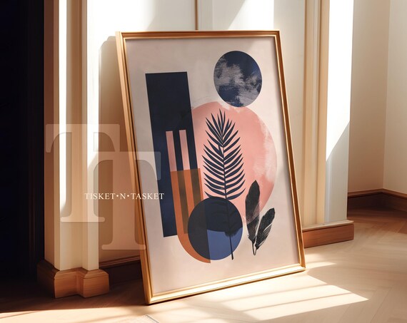 Pink And Navy Blue Abstract Contemporary Art Moon Feathers Botanical Vertical Wall