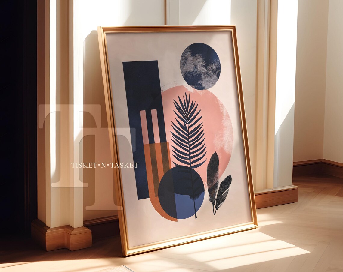 Pink And Navy Blue Abstract Contemporary Art Moon Feathers Botanical Vertical Wall