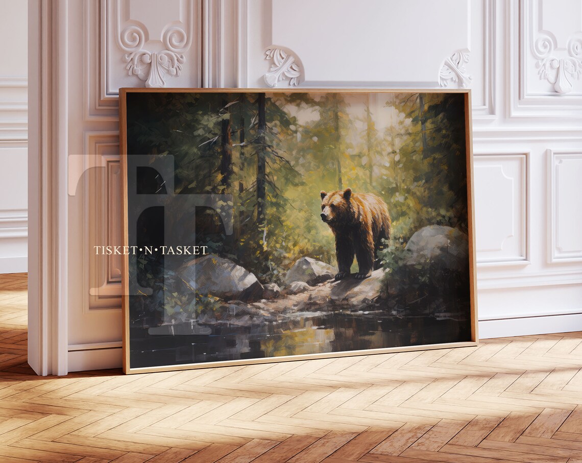 Brown Bear Green Forest Landscape Art Print