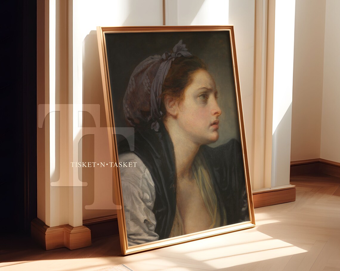 Classic Oil Portrait of Woman with Headscarf Vintage Painting Art Print