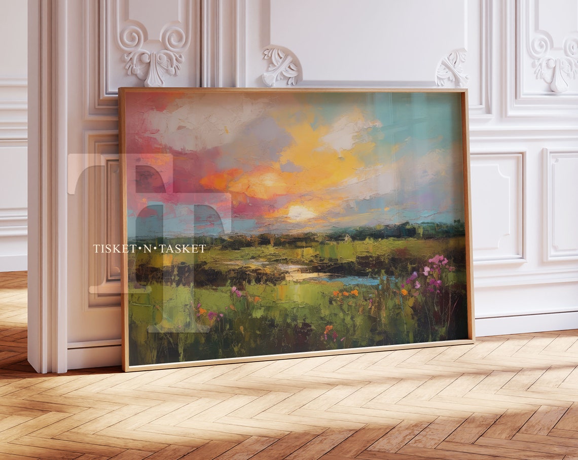 Sunset Meadow Wildflower Field Impressionist Landscape Wall Art