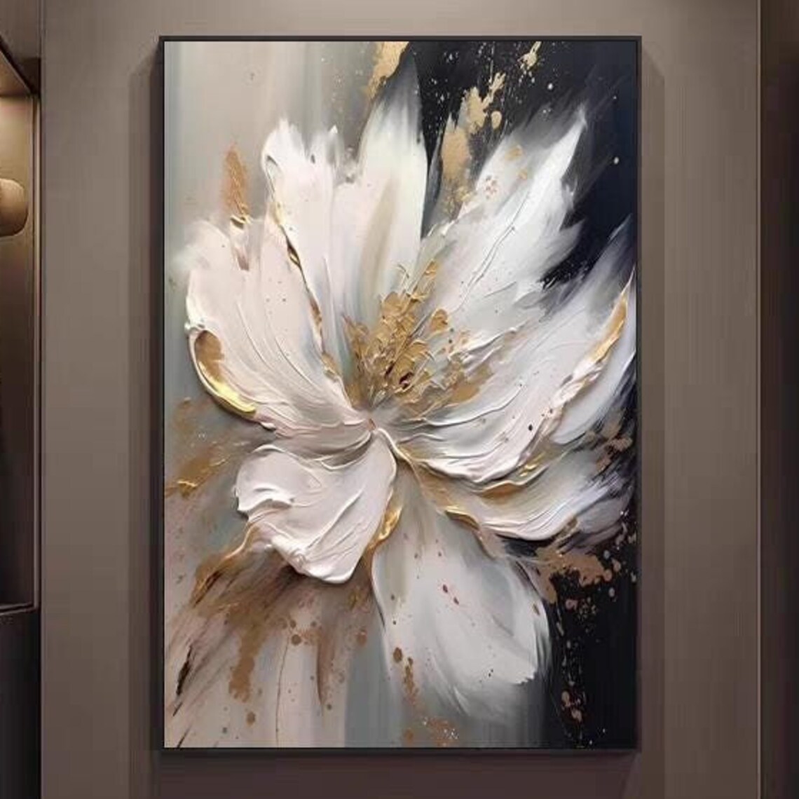 White and Gold Flower on Black Background Textured Floral Poster