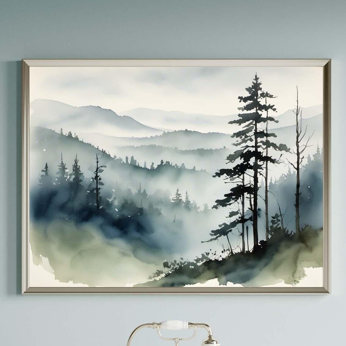 Misty Mountain Pine Forest Watercolor Gray Neutral Art Poster