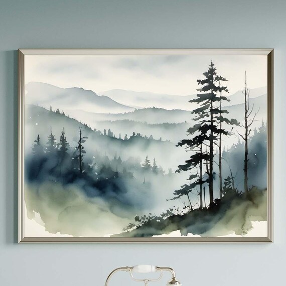 Misty Mountain Pine Forest Watercolor Gray Neutral Art Poster