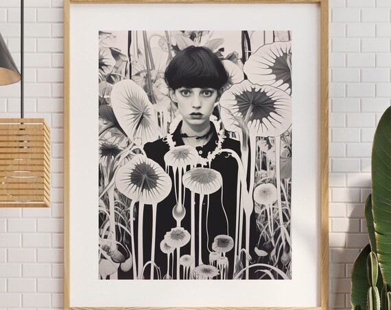 Black and White Woman Among Giant Flowers Monochrome Art Print