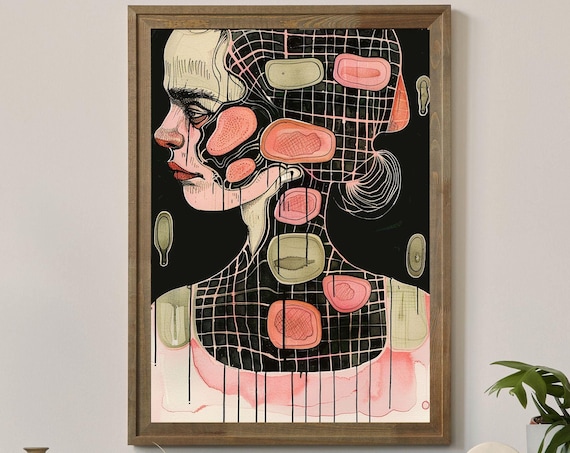Grid Face Abstract Portrait Pink Coral Shapes Black Line Art Poster