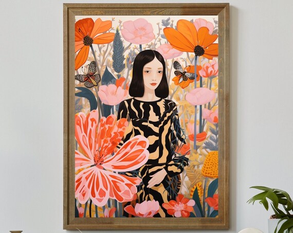 Woman with Short Black Hair among Orange Flowers and Butterflies Poster