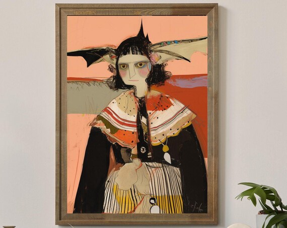 Folk Art Bat Winged Woman Surreal Whimsical Folk Portrait Poster
