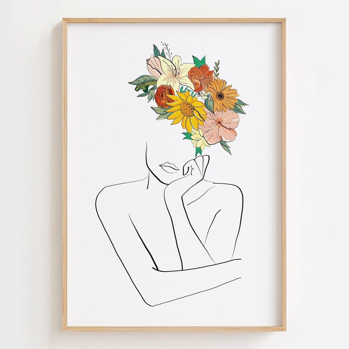 Woman Line Art Floral Bouquet Head Minimalist Female Sketch Poster