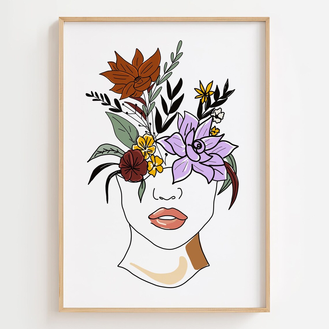 Woman With Flowers Line Art, Abstract Face Art Print