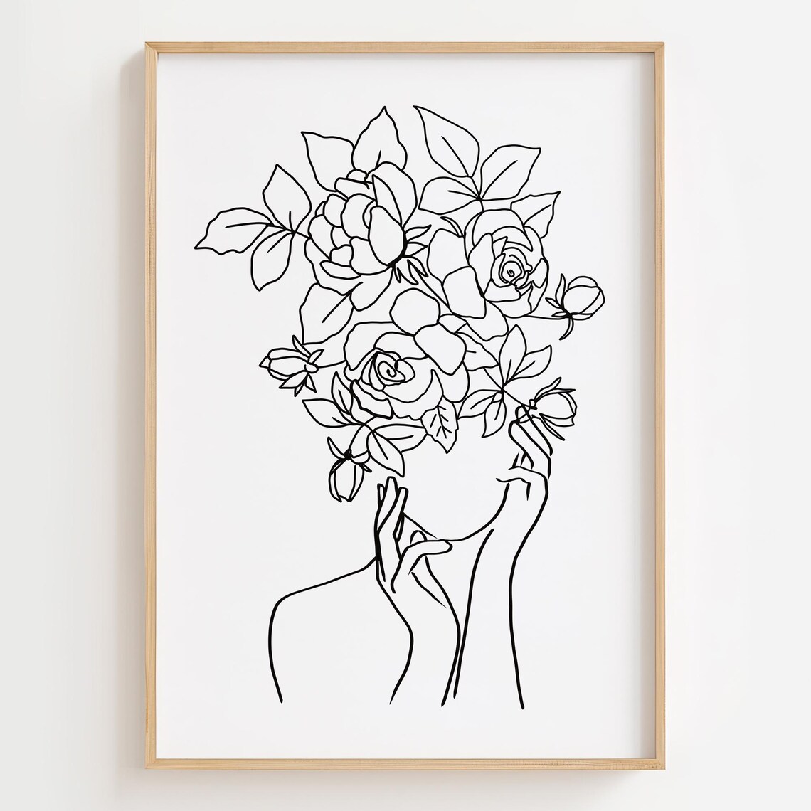 Floral Woman Elegant Rose Bouquet Minimalist Line Art Poster