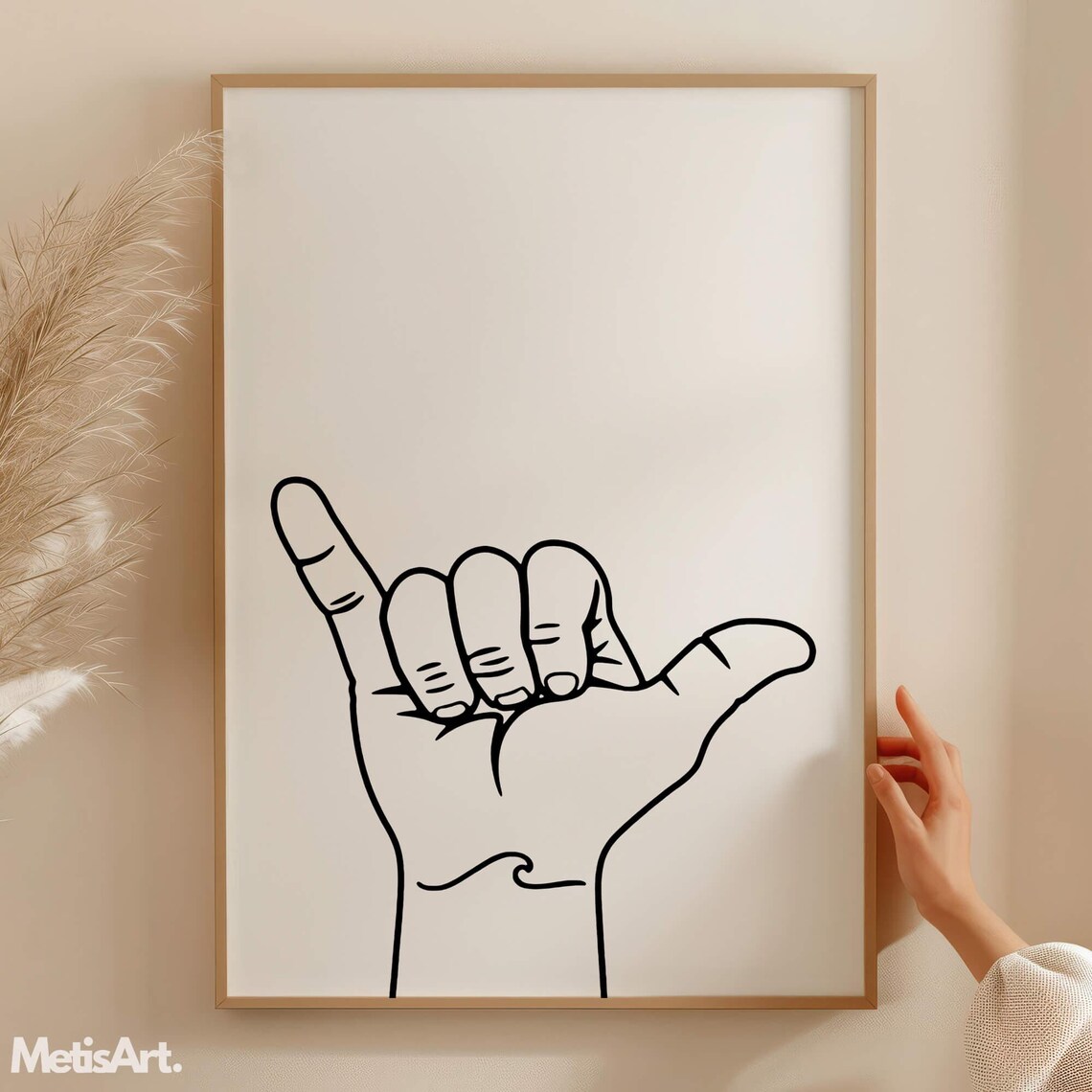 Shaka Hand Sign Minimalist Black Line Art Hawaii Beach Wall Poster