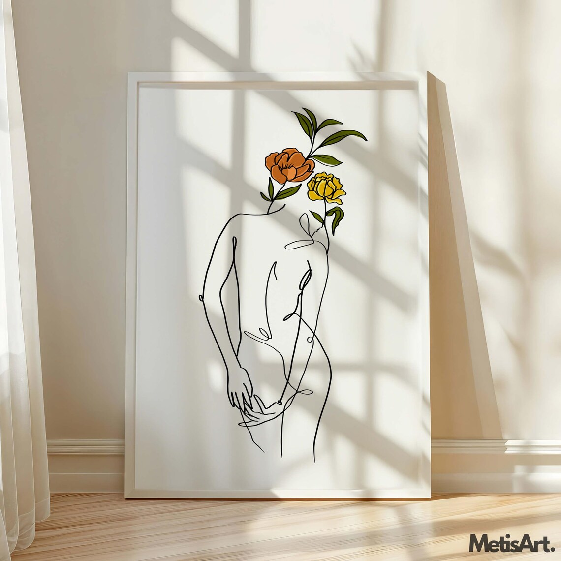 Boho Woman Line Art, Minimalist Floral Poster