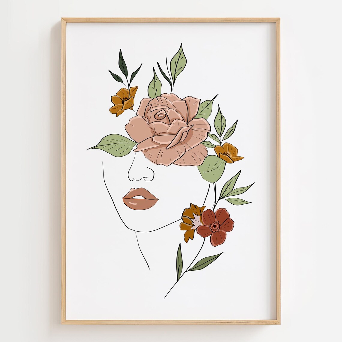 Woman Face Blush Pink Flowers Botanical Line Art Wall Poster