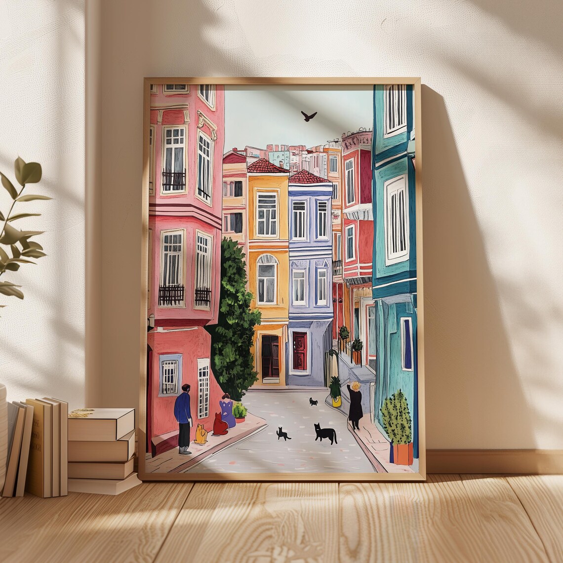 Istanbul Colorful Old Town Street Cats Watercolor Turkey Poster - Image 2