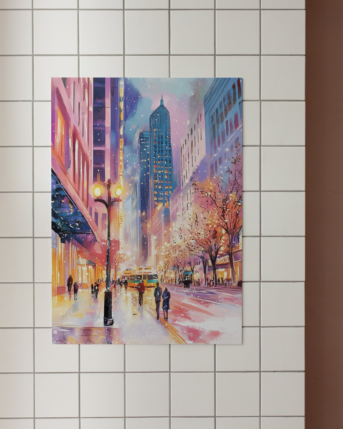 New York City Snowy Winter Night Street Lamp Bus Painting Poster - Image 4