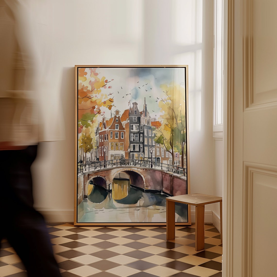 Amsterdam Canal Autumn Watercolor Gabled Houses Bridge Poster - Image 3