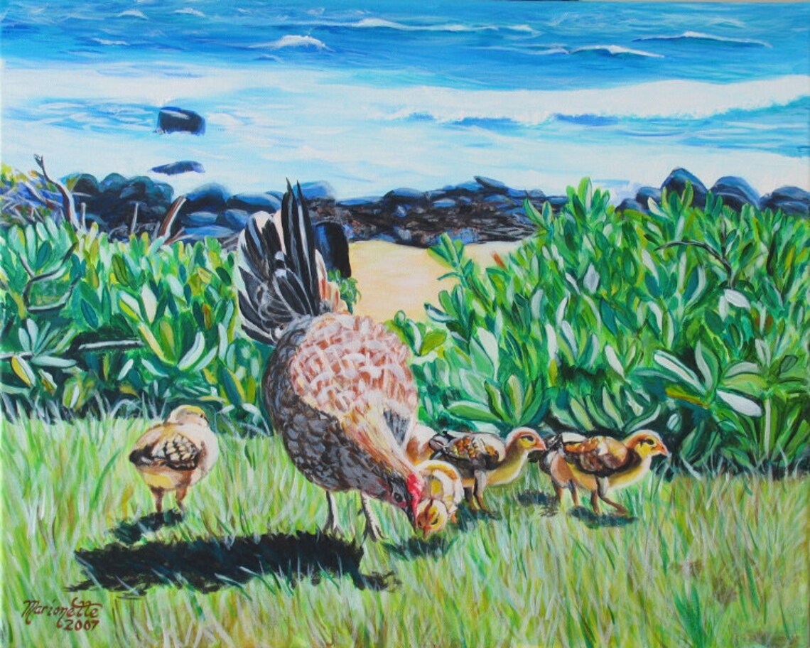 Kauai Chickens at the Beach, Whimsical Animal Print