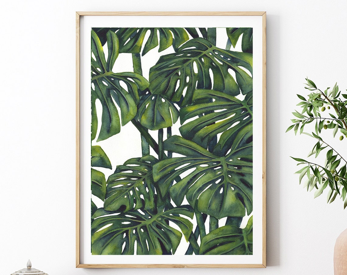 Dense Monstera Leaf Watercolor Pattern on a White Background Poster