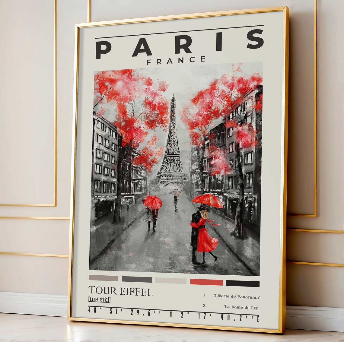 Paris France Eiffel Tower Red Umbrellas Black White Street Poster