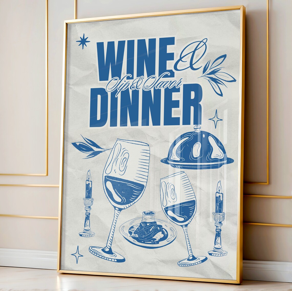Wine and Dinner Sip and Savor Poster Blue Hand Drawn Kitchen Dining Artwork - Image 2