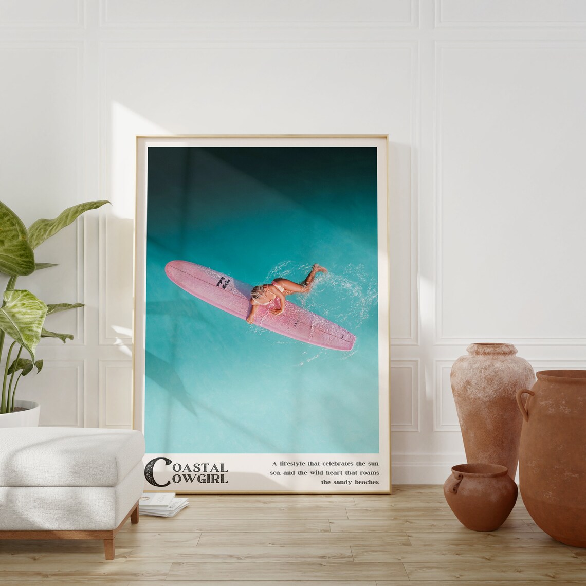 Coastal Cowgirl Surfer Girl Pink Longboard Aerial Photo Poster - Image 2