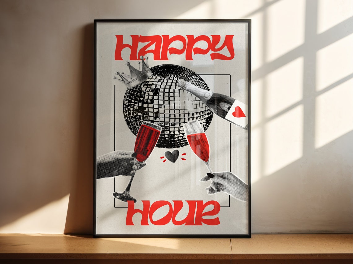Happy Hour Retro Disco Ball Champagne Celebration Bar Cart Poster - Image 3