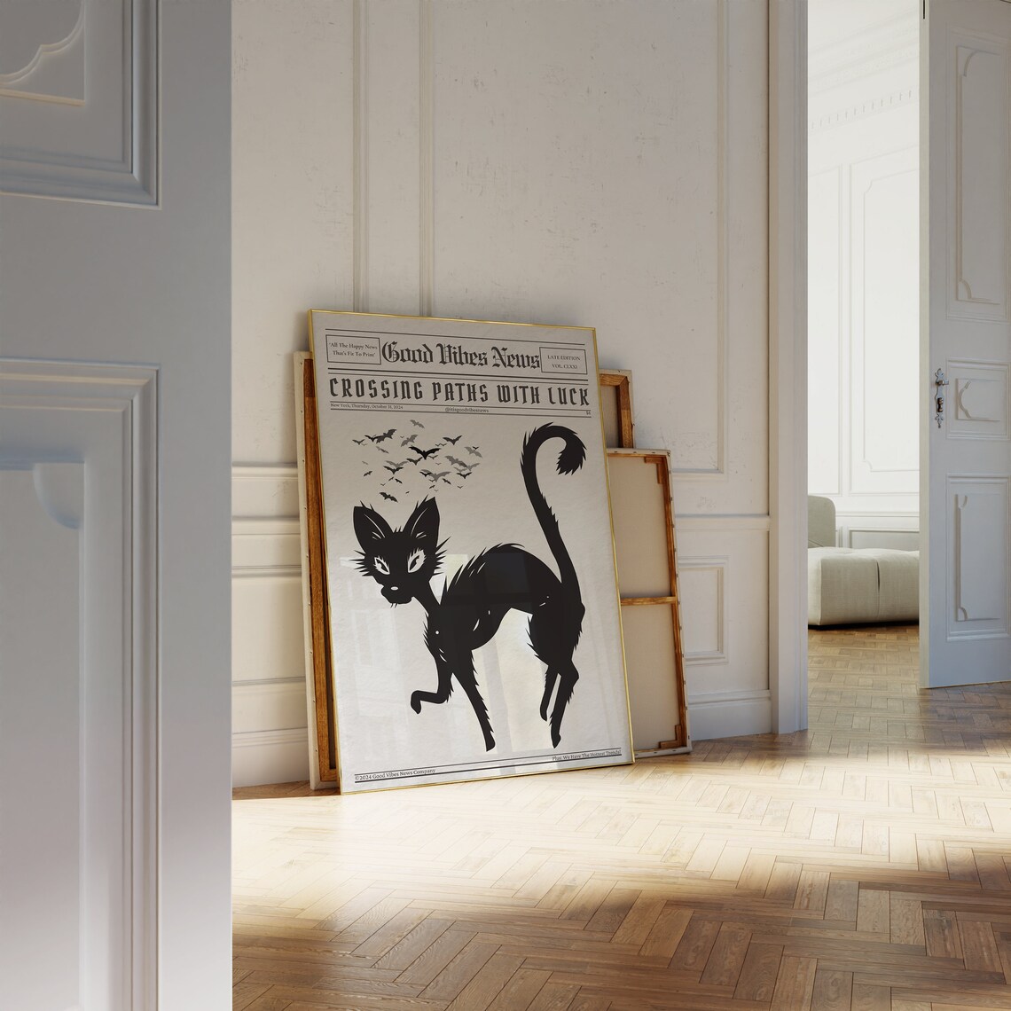 Crossing Paths With Luck Newspaper Poster Gothic Black Cat Bats Artwork - Image 2