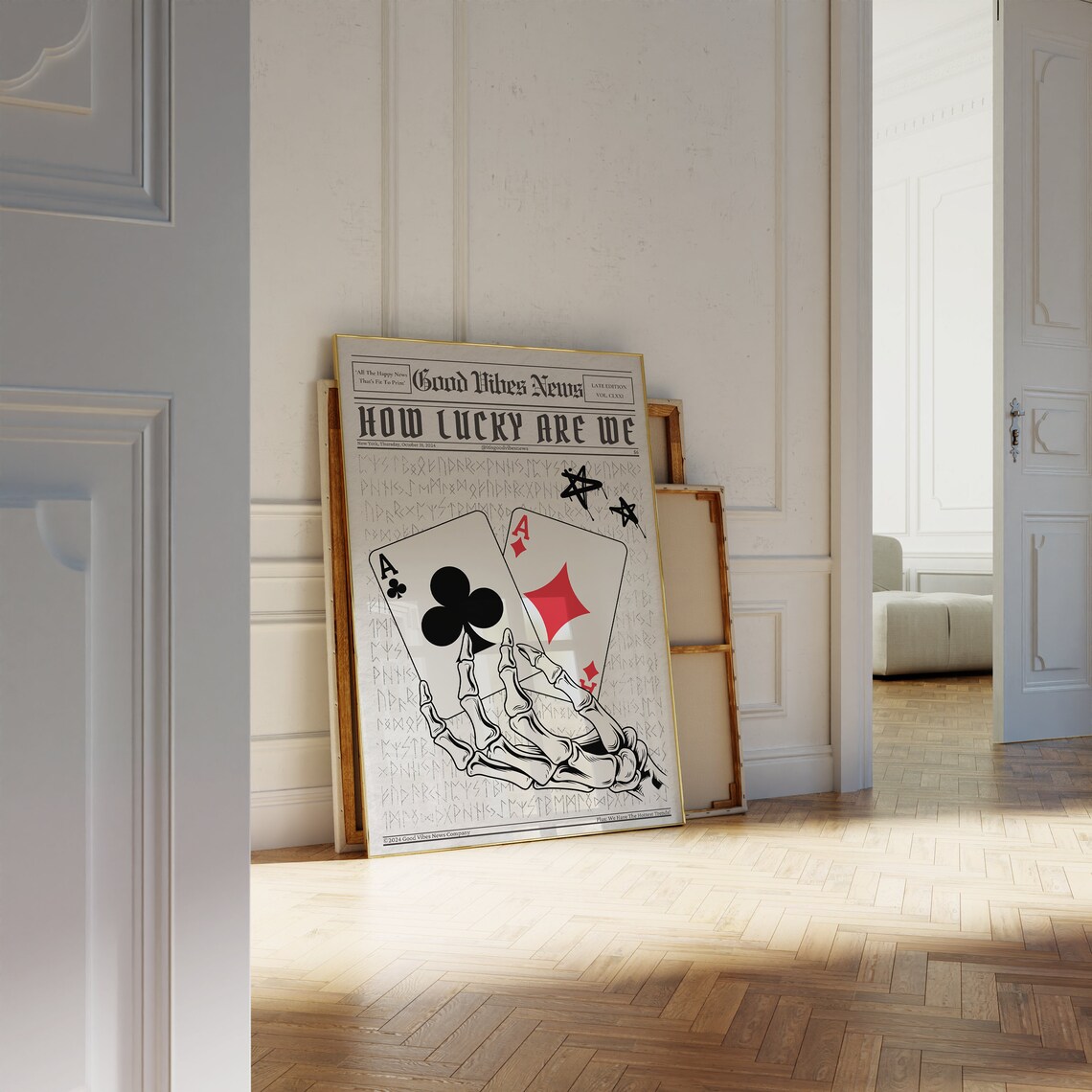 How Lucky Are We Newspaper Poster Skeleton Hand Holding Two Aces Artwork - Image 2
