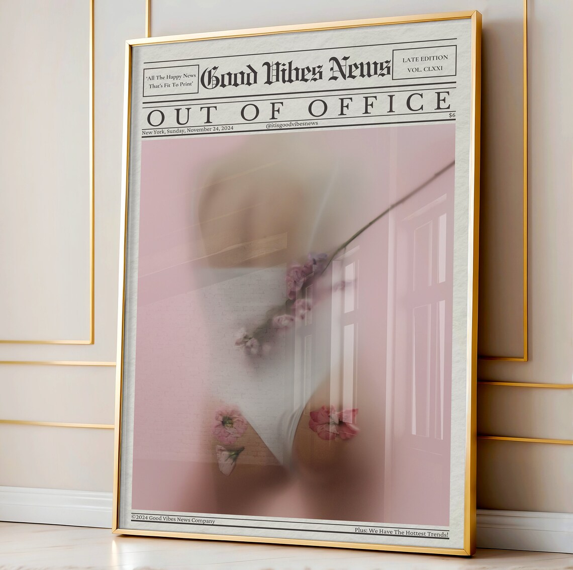 Out Of Office Pink Floral Dream Newspaper Good Vibes News Poster - Image 3