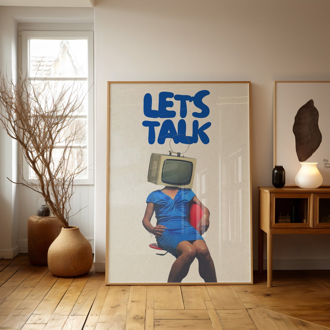 Lets Talk Retro Blue Typography Woman With TV Head Maximalist Poster - Image 2