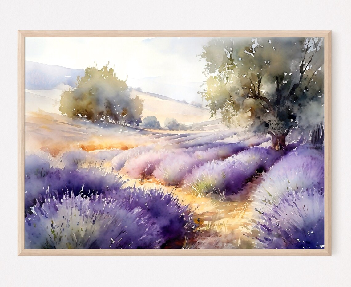 Provence Lavender Field at Sunrise Watercolor Landscape Poster
