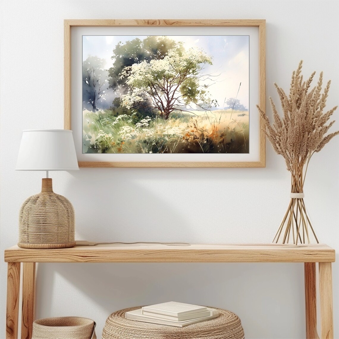 Blossoming Tree Watercolor Meadow with White Flowers and Grass Print - Image 4