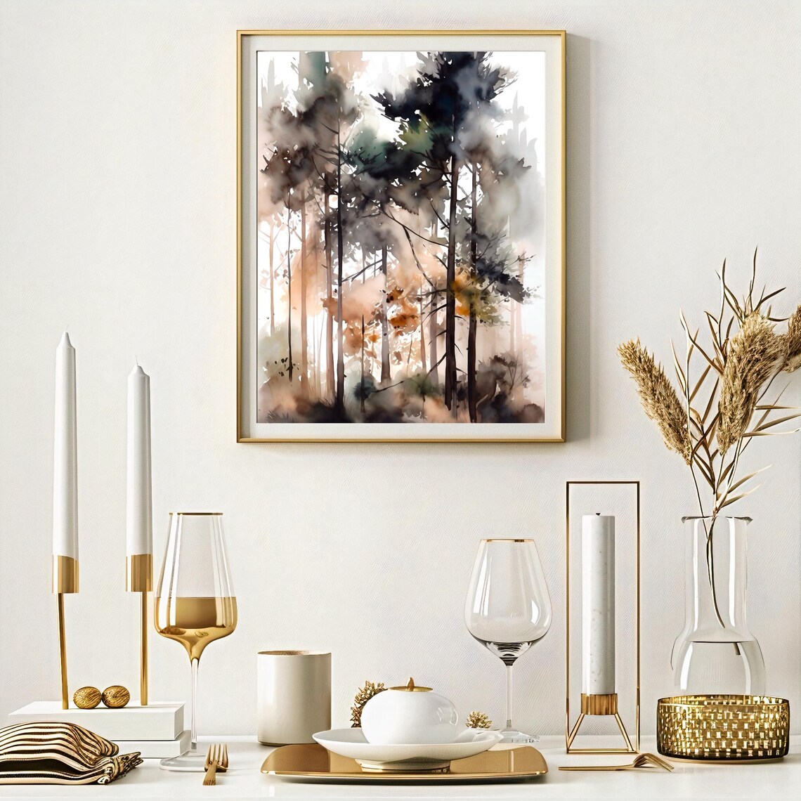 Misty Pine Forest Warm Golden Light Foggy Trunks Watercolor Poster - Image 3