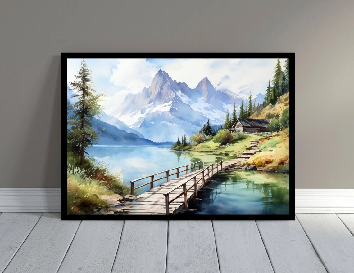 Alpine Lake Wooden Footbridge Chalet Snowcapped Peaks Art Poster - Image 3