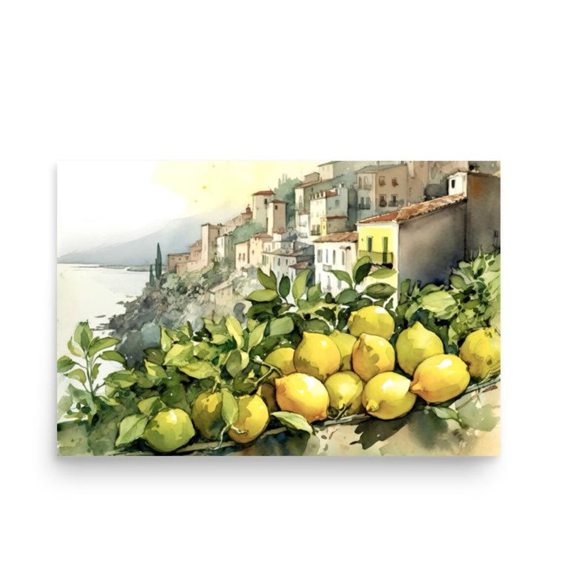 Amalfi Coast Lemon Grove Seaside Village Watercolor Art Poster - Image 5