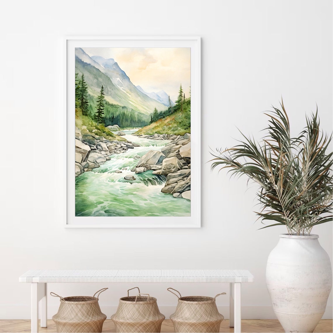 Green Mountain River Rapids Pines Watercolor Nature Art Poster - Image 3