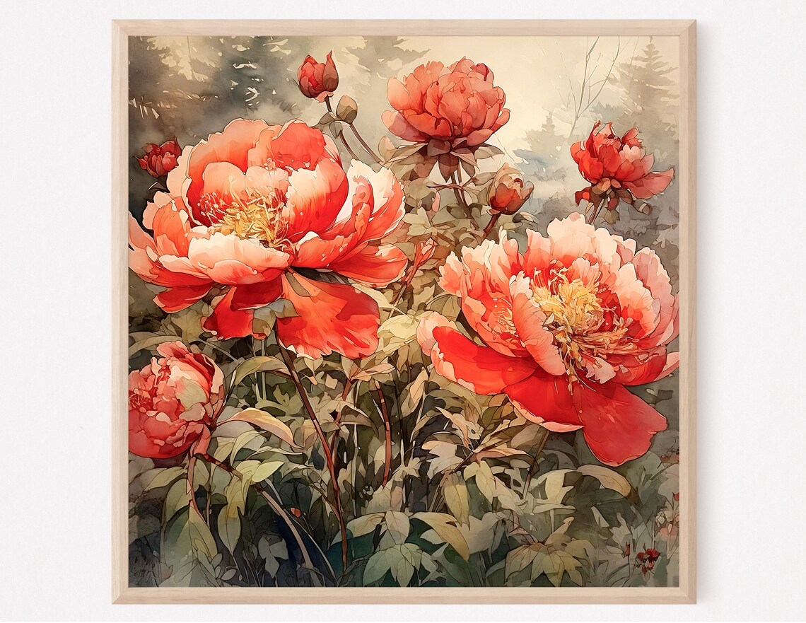 Coral Red Peonies Watercolor Lush Floral Blooms Botanical Art Print