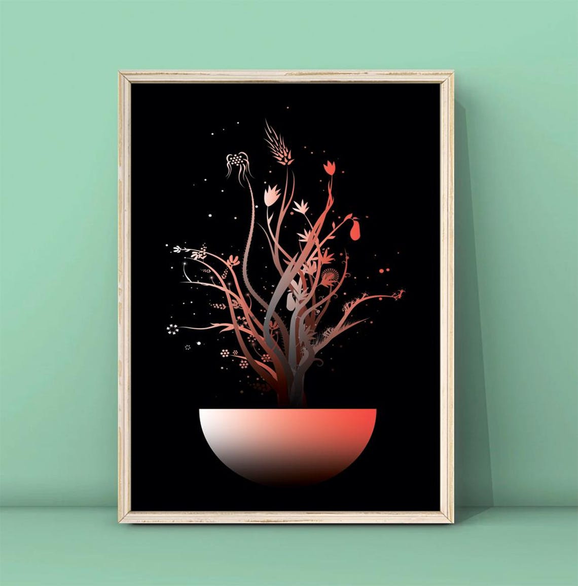 Boho Floral Branches Red Planter Black Background Modern Art Poster