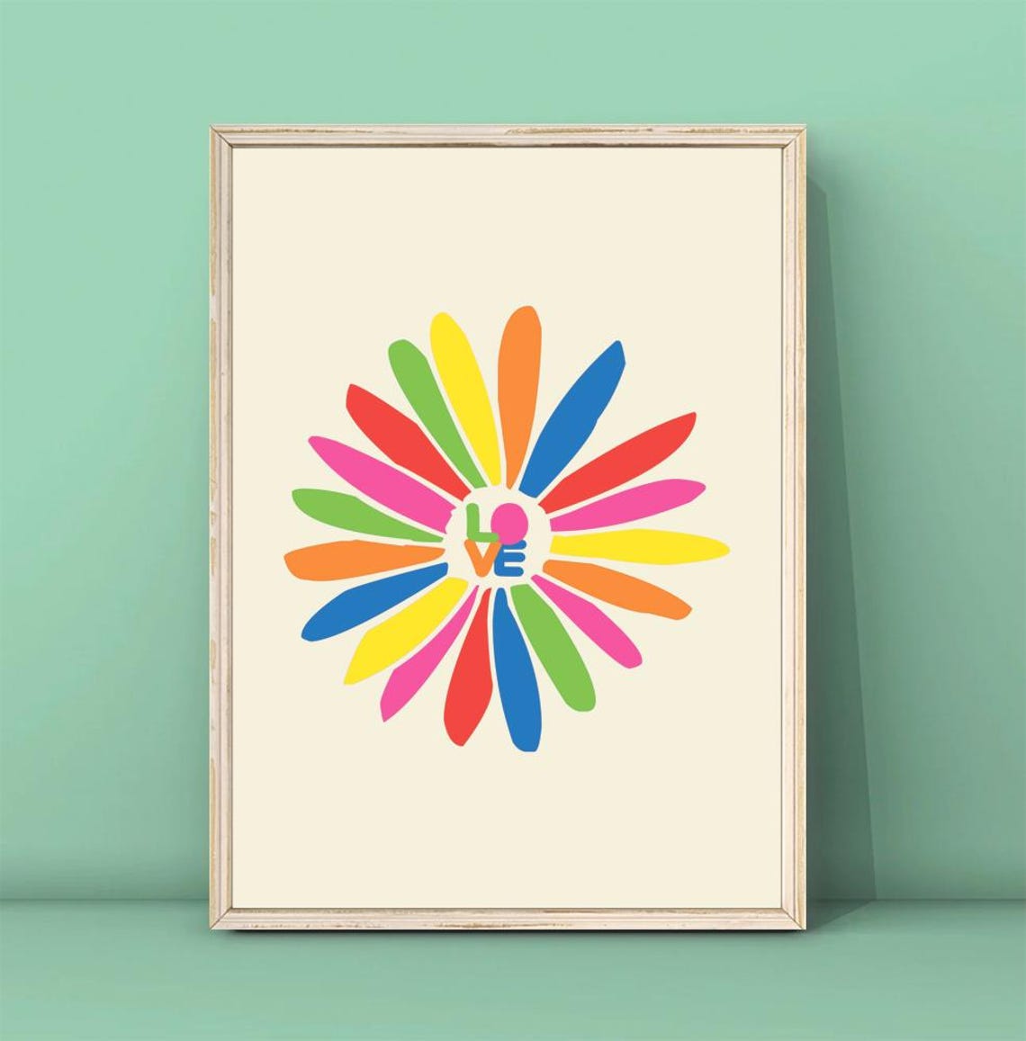 Rainbow Daisy Flower Love Word Retro Hippie Groovy Style Poster