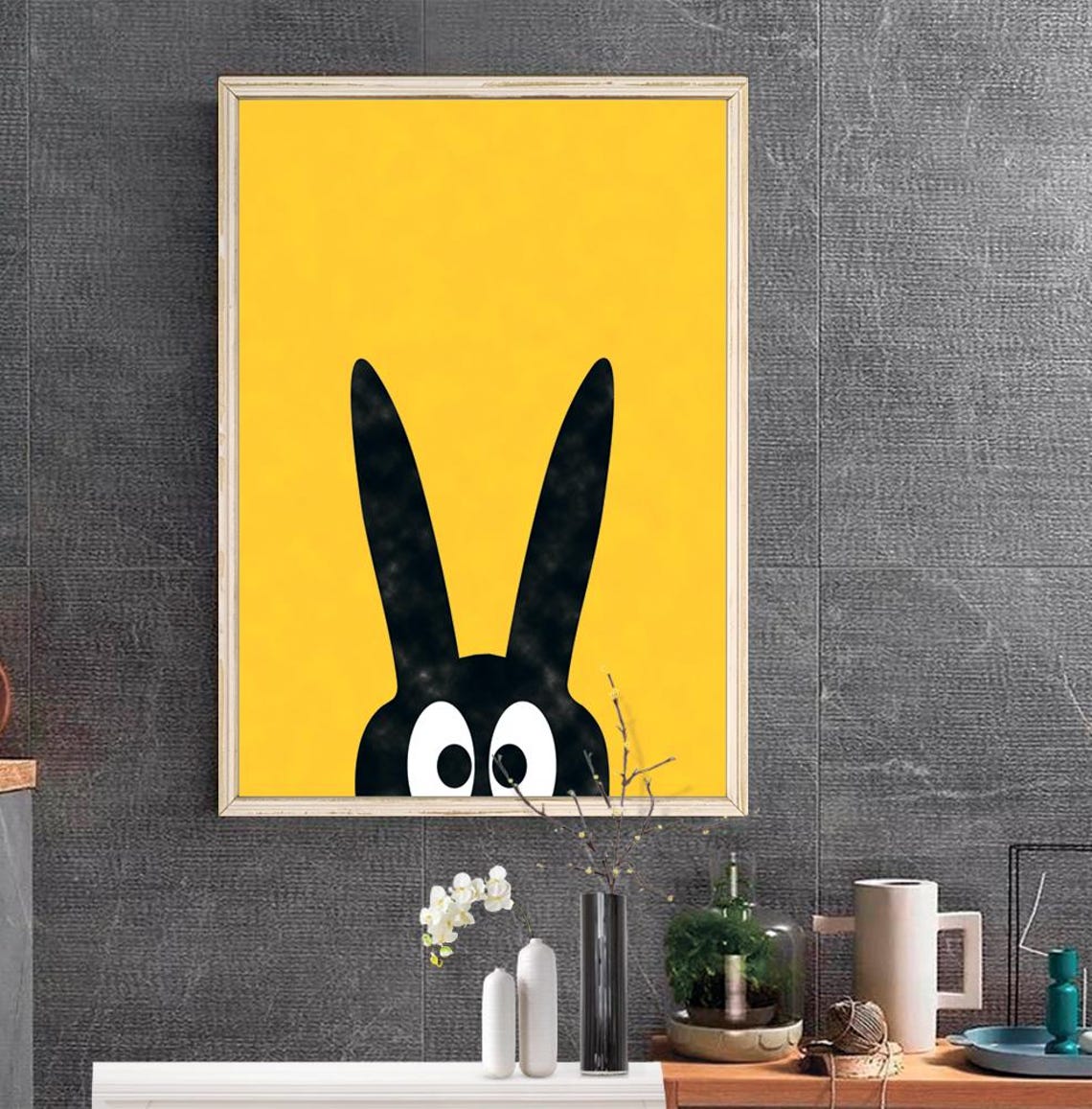 Funny Black Bunny Peeking Yellow Background Cute Kids Room Art Poster - Image 2