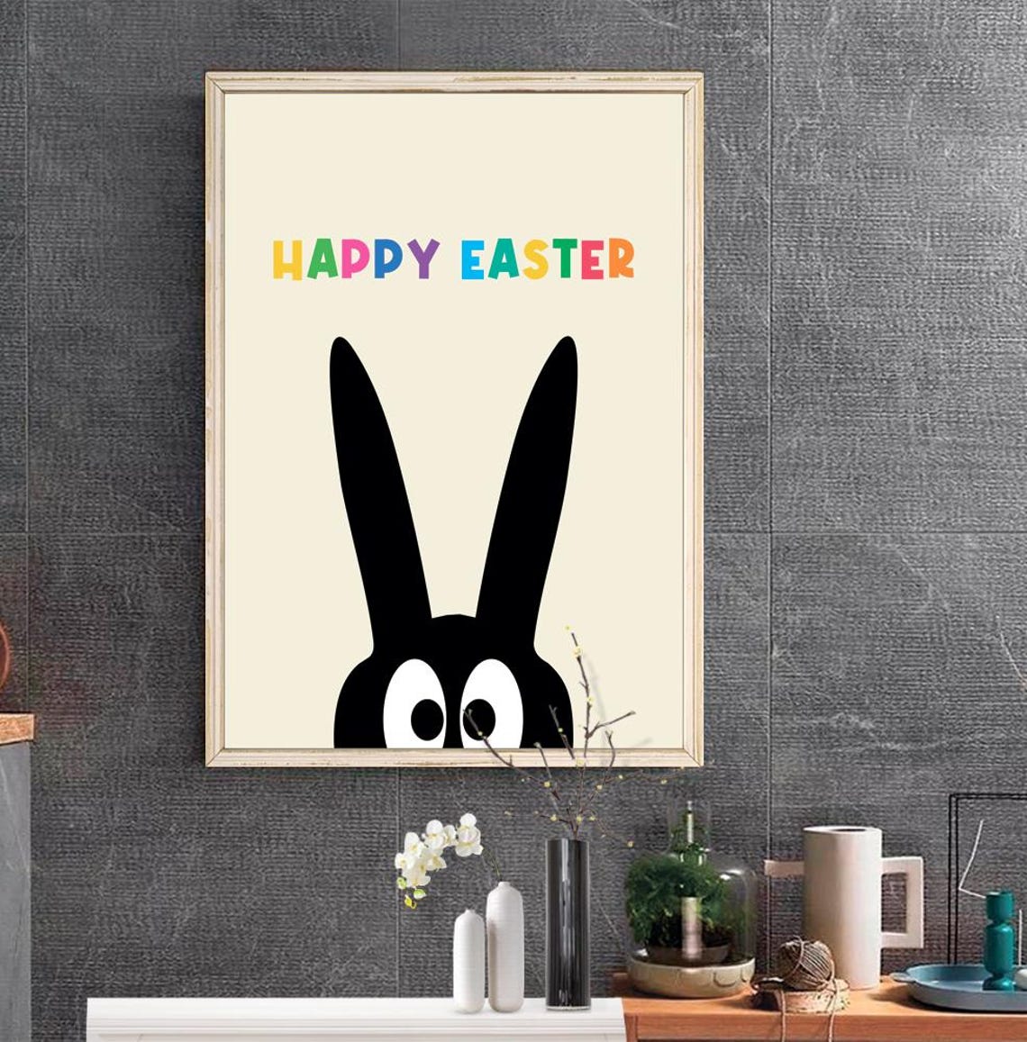 Happy Easter Multicolor Letters Black Bunny Cute Kids Holiday Poster - Image 2
