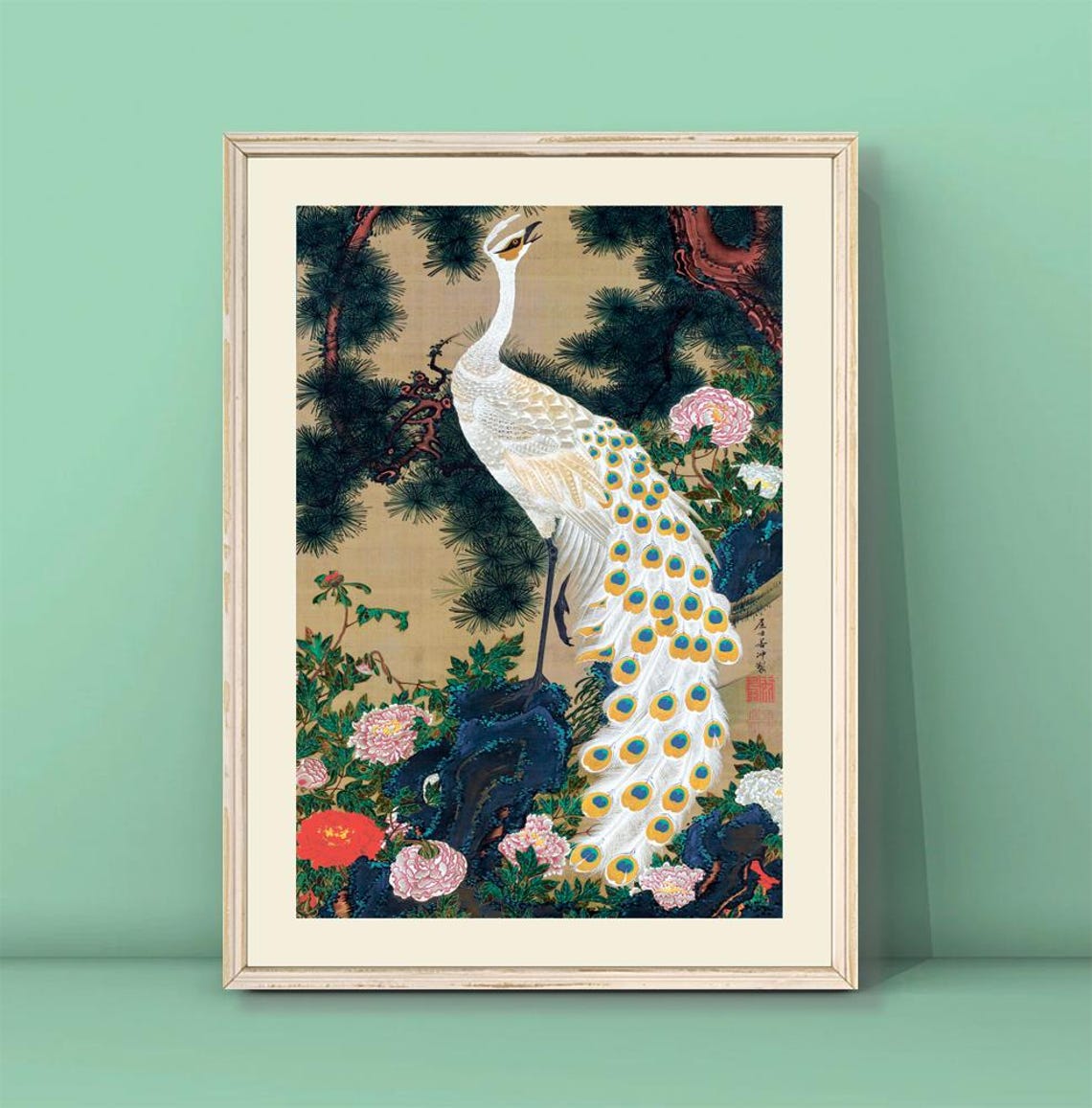 Ito Jakuchu White Peacock Pine Tree Floral Japanese Art Poster