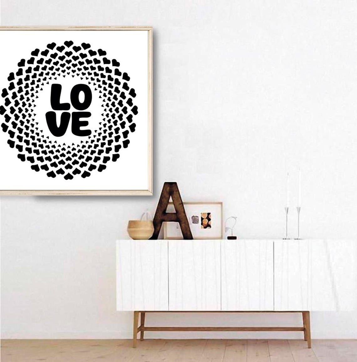 Love Word Black White Circle Heart Wreath Minimalist Decor Poster - Image 3