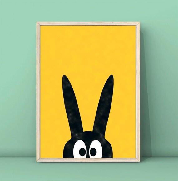 Funny Black Bunny Peeking Yellow Background Cute Kids Room Art Poster